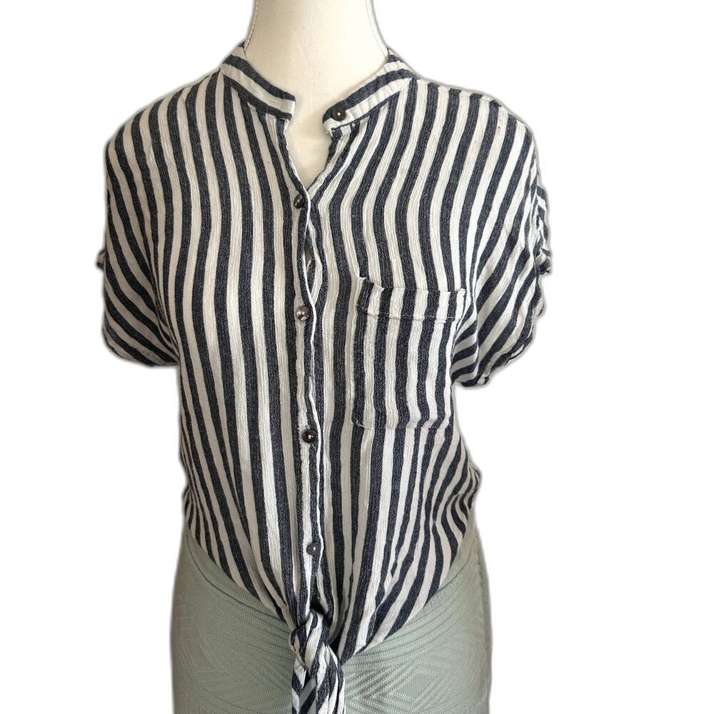 Lulus Newport Beach Button Down Top, Grey and White Stripes, Tie Front, Size XS